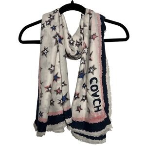 COACH White Star Print‎ Scarf Navy Pink Border Frayed Edges Women